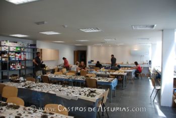 Sesión de trabajo en el laboratorio del Museo del Castro de Chao Samartín tras la jornada de campo. 2008