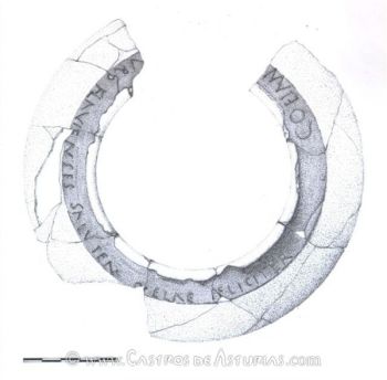 Inscripción sobre vaso cerámico del castro de Chao Samartín. Dibujo de C. Benéitez (Villa, 2009: 20)