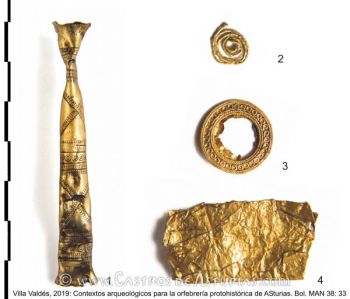 Piezas de oro procedentes del castro de la Campa Torres. Fotografía: Museos Arqueológicos de Gijón